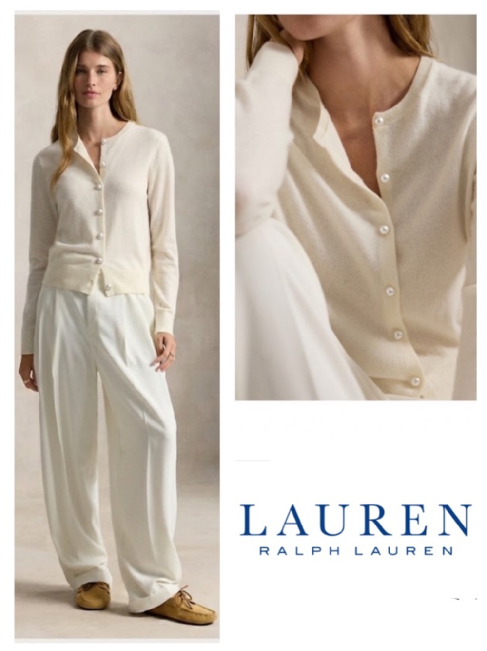 Lauren Ralph Lauren silk/cashmere blend crewneck cardigan sweater in cream (L)